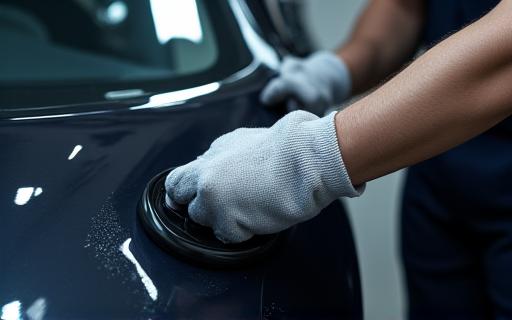 セラミックコーティングを施工中の車